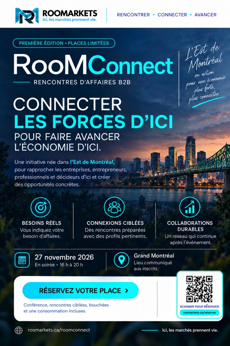 Dépliant RooMConnect Édition 01 — Connecter les forces d'ici pour faire avancer l'économie d'ici. 27 novembre 2026, 16 h à 20 h, Grand Montréal